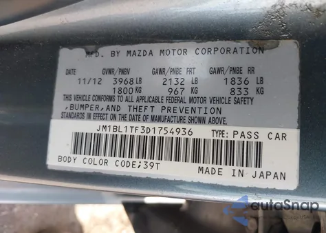 2013 Mazda Mazda3 I Sv from USA, damaged, VIN JM1BL1TF3D1754936